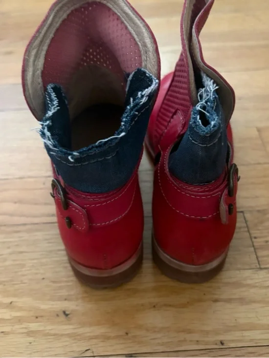 Stockerpoint Red Leather & Denim Ankle Boots Buckle Moto Euro 38 US 8 - Picture 4 of 6